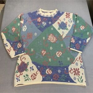 Vintage Colter Bay Made in USA Hand Loomed Women's Floral Knit Sweater Sz Large